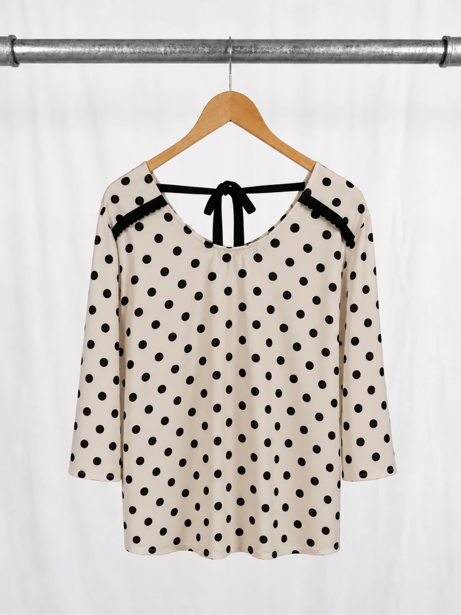 Blouse à pois noir écru femme fluide manches 3/4 nœud dos rétro chic T L XL tendance